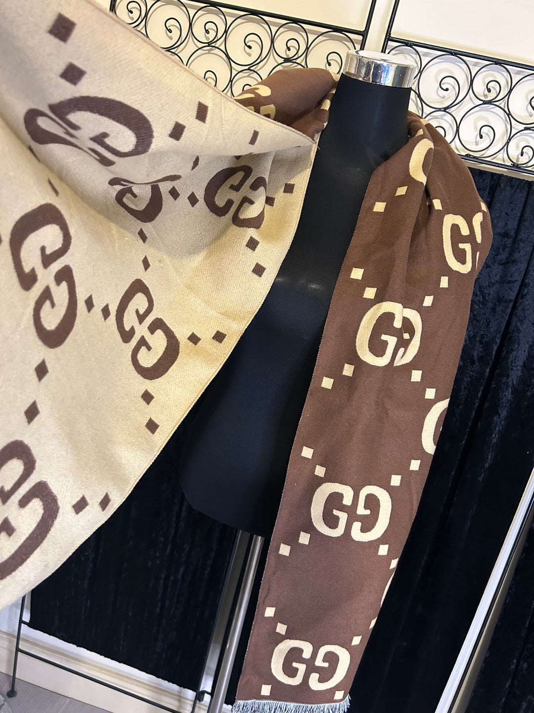 bold inspired letter print design scarf in brown and beige