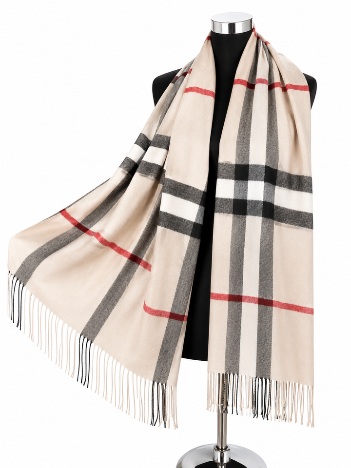 Beige oversized check scarf with black grey and red stripes styled