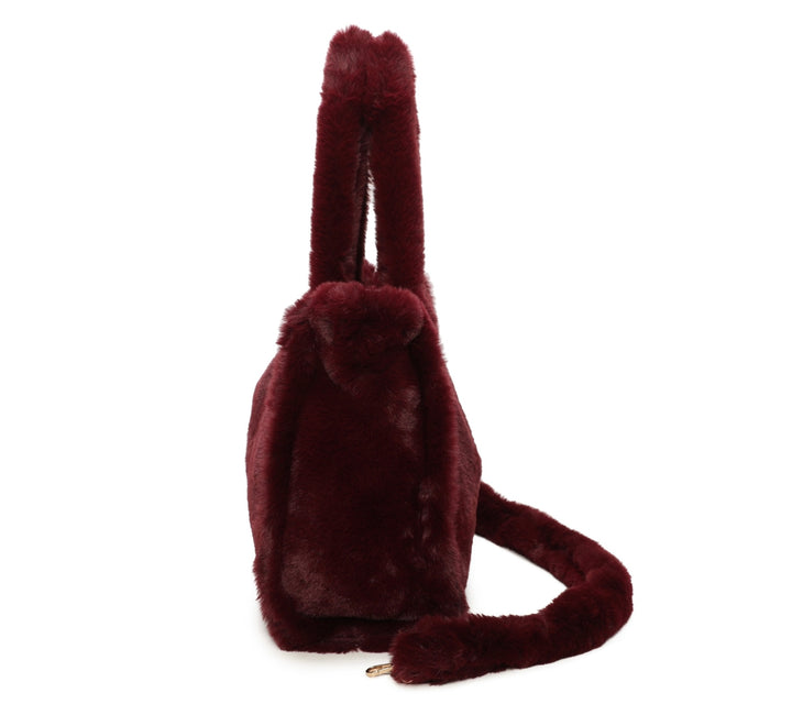 Wine faux fur tote bag with top handles and matching shoulder strap