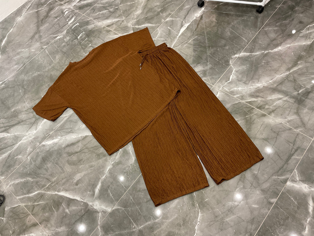 Ribbed Sleeve Top &amp; Wide Leg Trouser Co-Ord Set