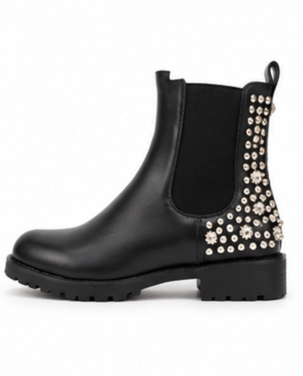 Black crystal studded Chelsea boots with elastic sides and back detail, women’s stylish ankle boots