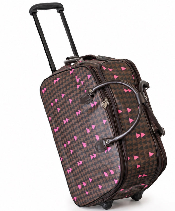 Brown and pink geometric wheeled travel holdall with telescopic handle and carry handles