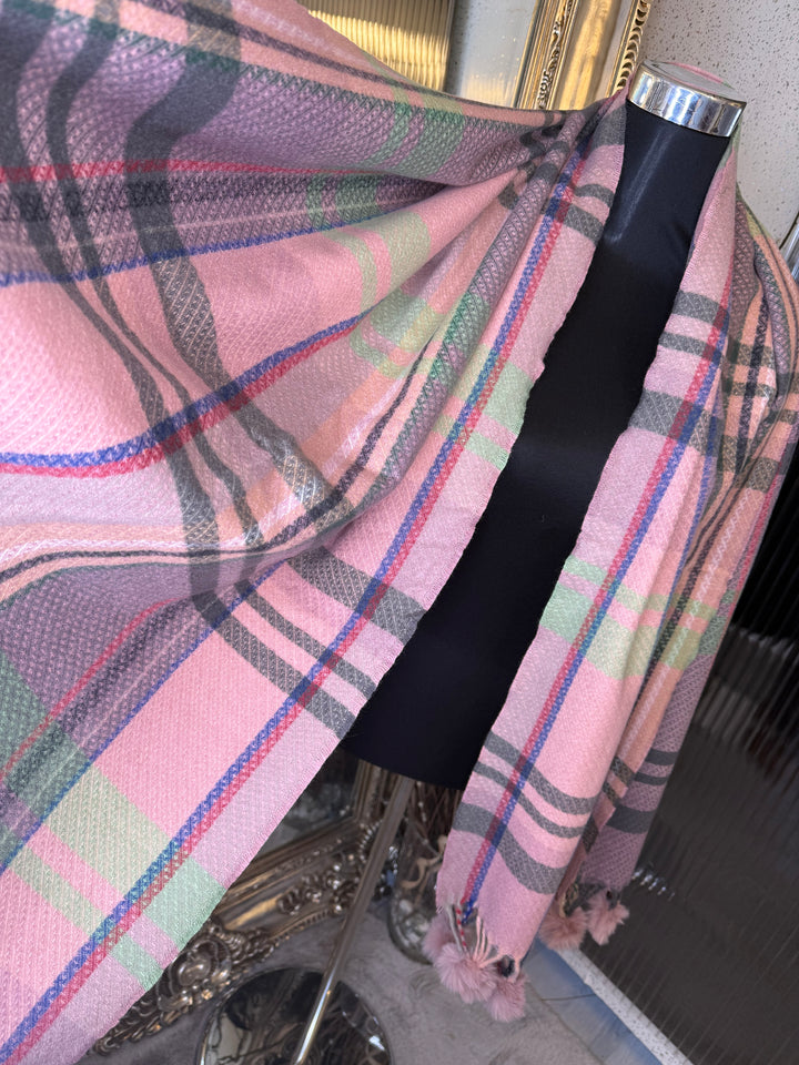 Pink Pom Pom checked scarf