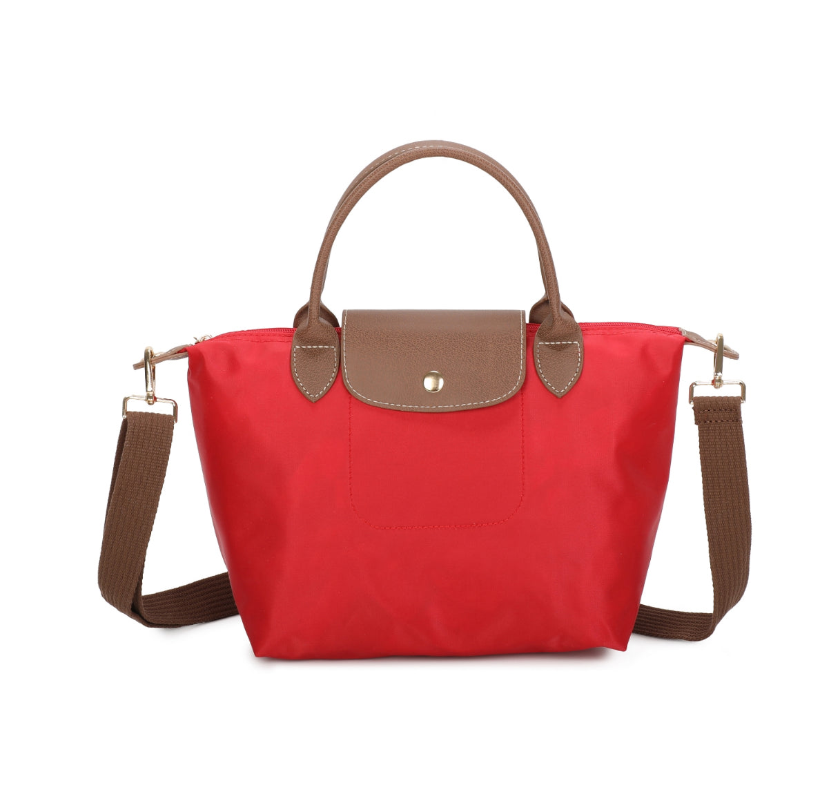Red handbag with brown handles and strap