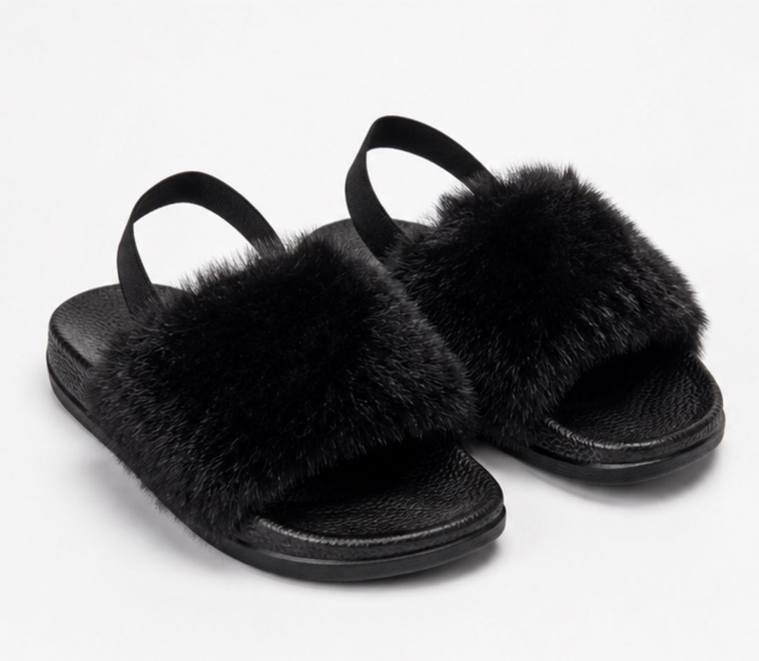 Black children’s fluffy faux fur sliders with elastic back strap
