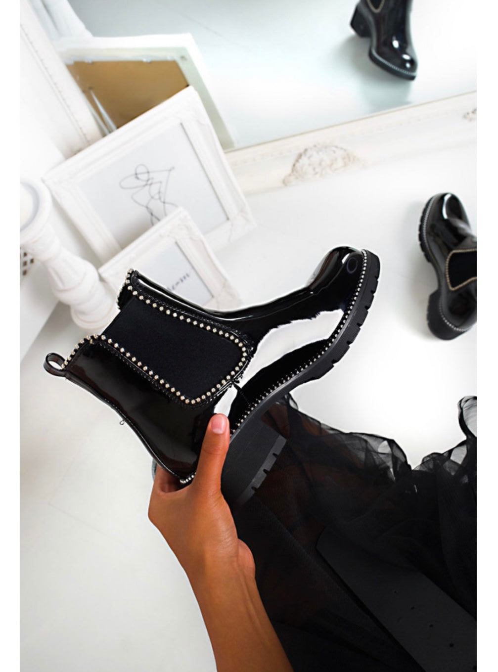 Womens Patent black ankle boots