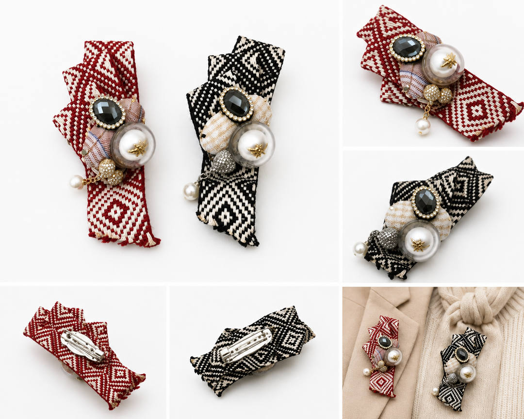 Red and black embellished fabric brooches featuring a crystal centre, faux pearl with gold bee detail and secure pin fastening