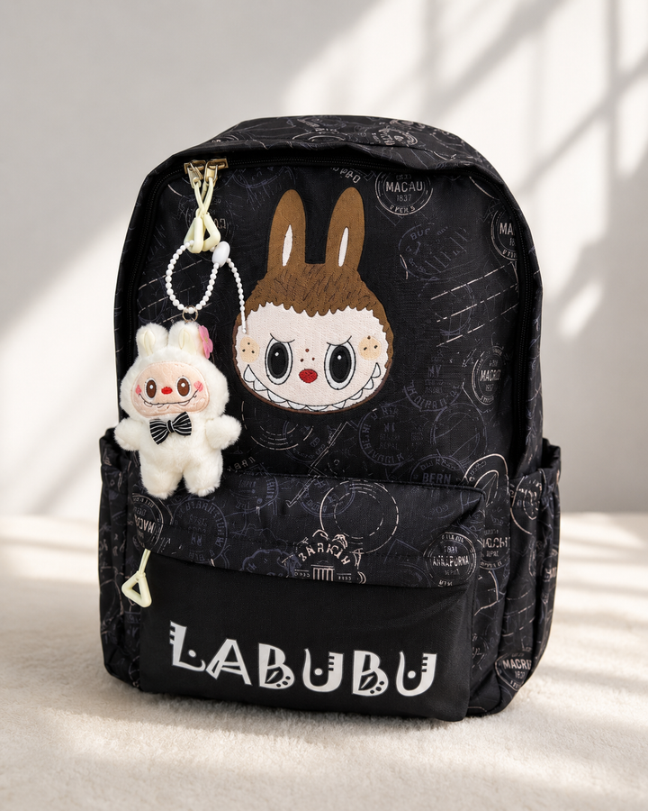     LABUBU backpacks with key ring, front zip pocket and side pockets.