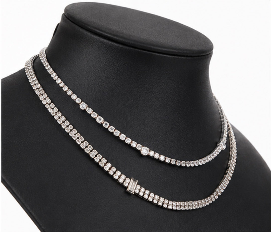 Wide silver tone crystal tennis necklace with clear sparkling stones