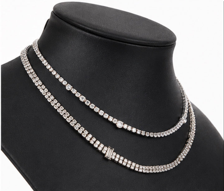 Wide silver tone crystal tennis necklace with clear sparkling stones