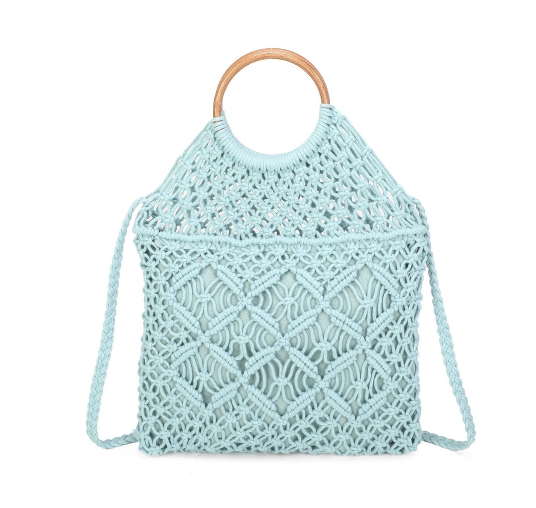     Blue crochet handbag with wooden handle