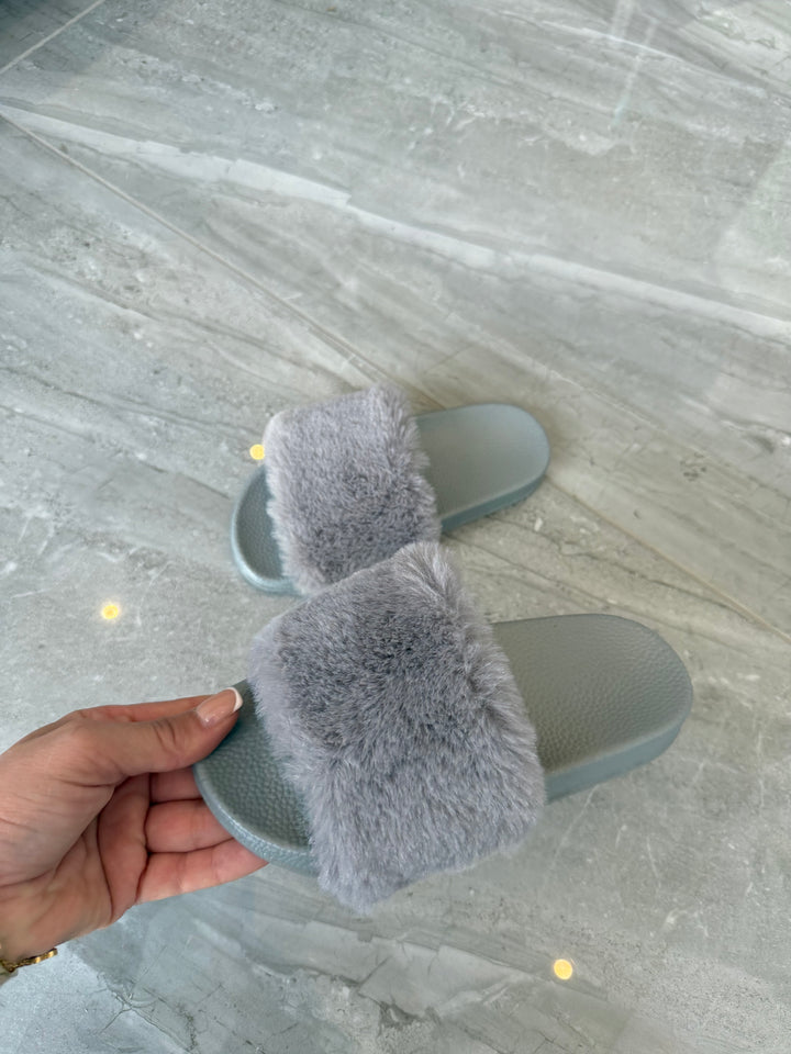 Little girls light grey faux fur slip on sliders 