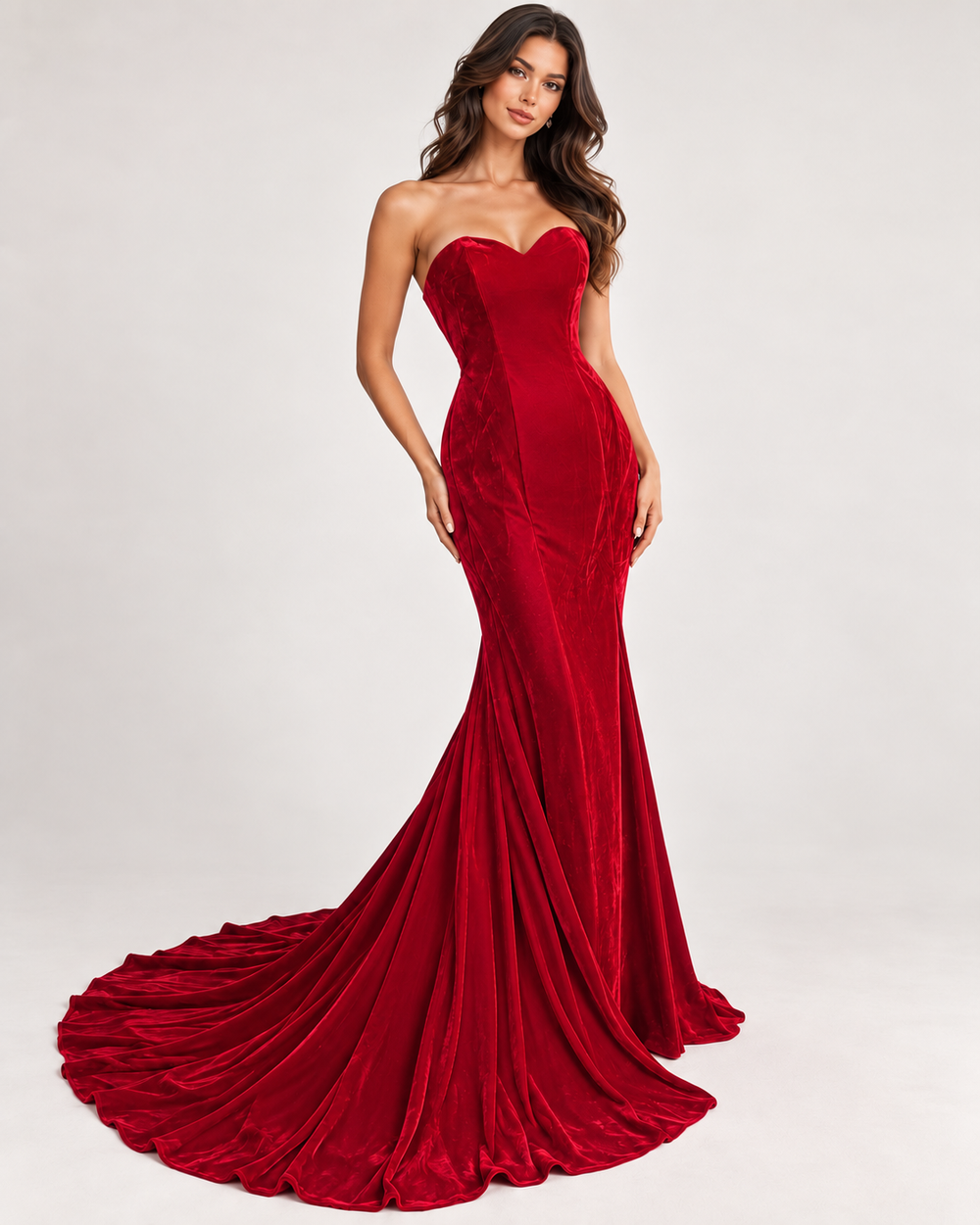 Red strapless velvet mermaid maxi dress with sweetheart neckline and dramatic floor-length train.