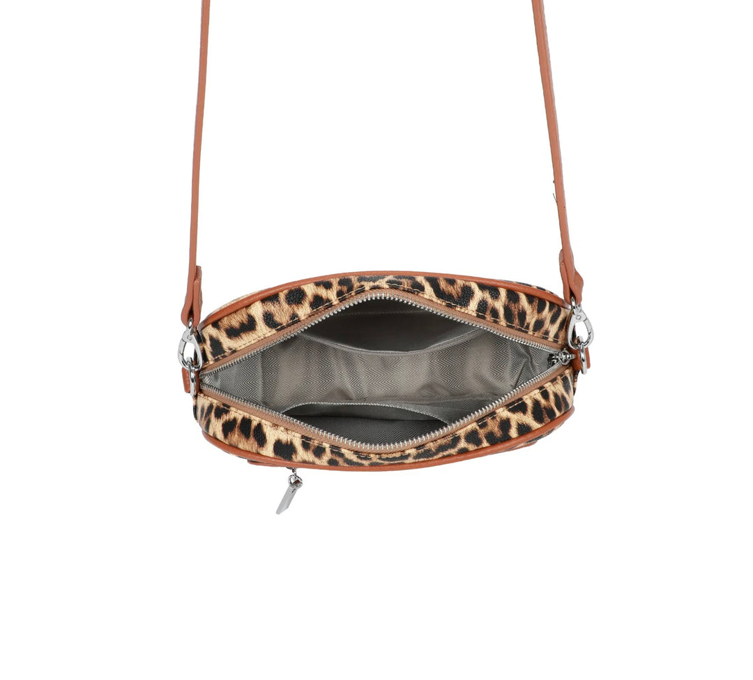 Leopard print handbag with a brown strap 