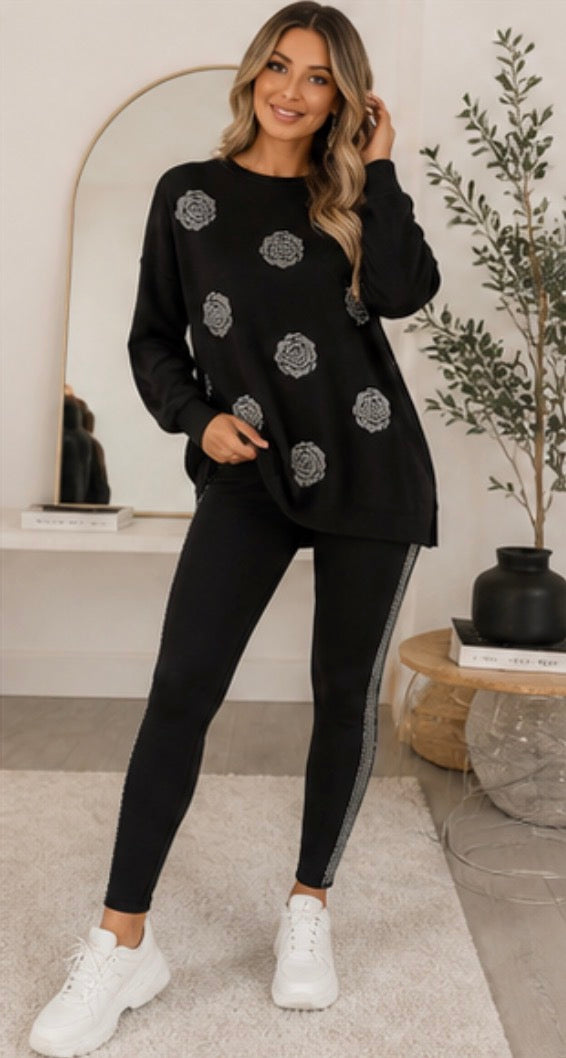 Black Crystal detailed loungewear set 