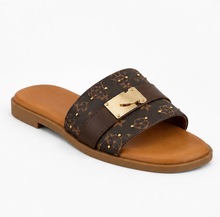 Brown Monogram Buckle Sliders – Designer Style Summer Sandals