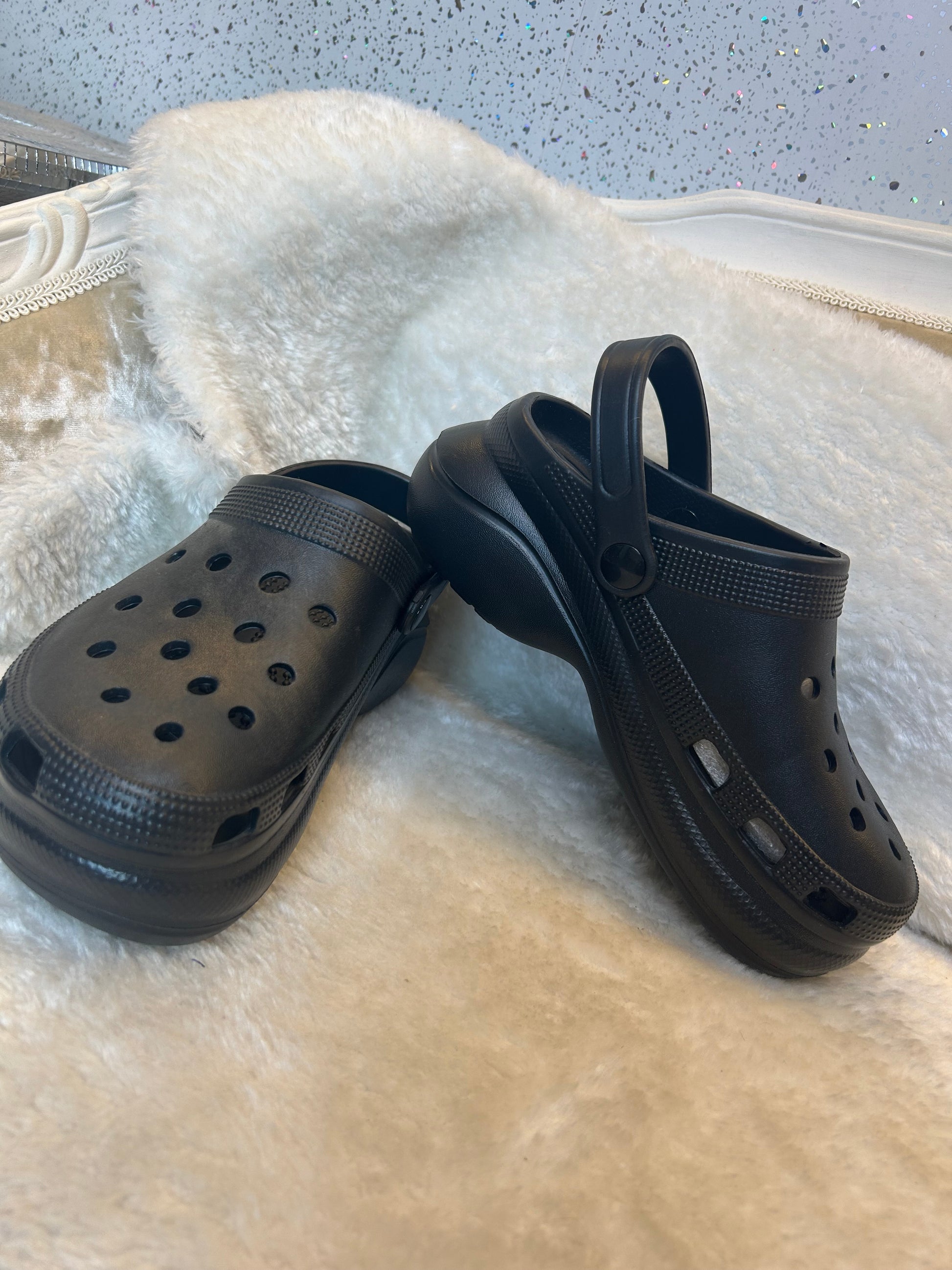 Black clogs like crocs in black with wedge sole