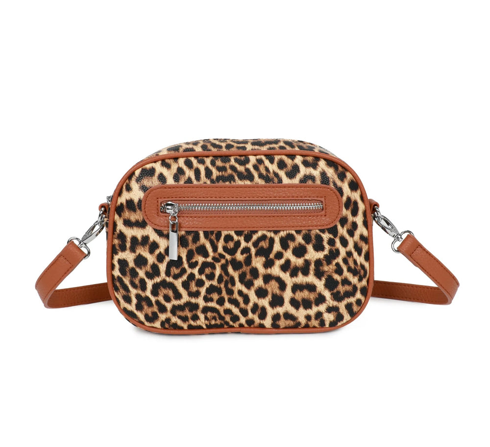 Leopard print crossbody bag with brown  detailing and silver hardware 