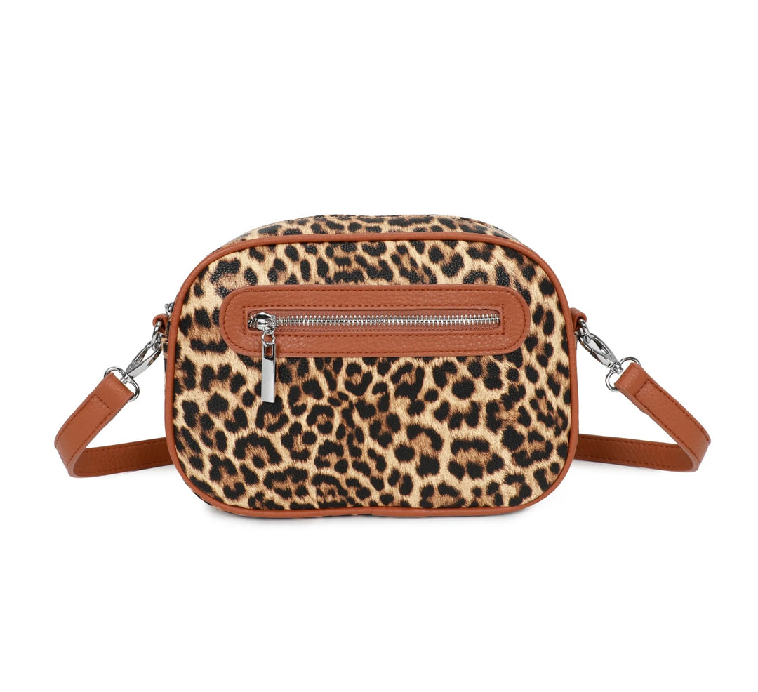 Leopard print crossbody bag with brown  detailing and silver hardware 