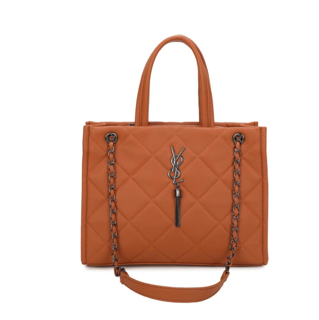Brown quilted handbag with a chain detail 