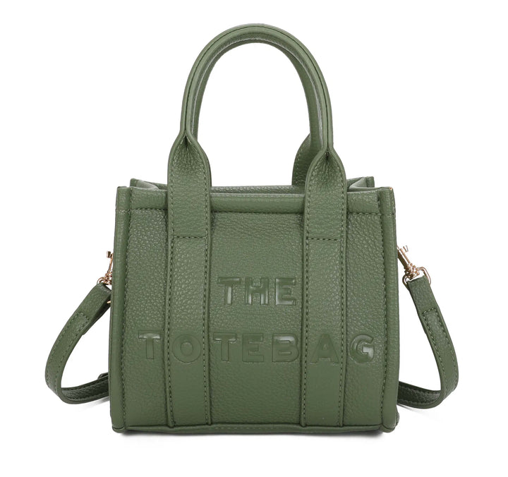 A green mini tote bag with &