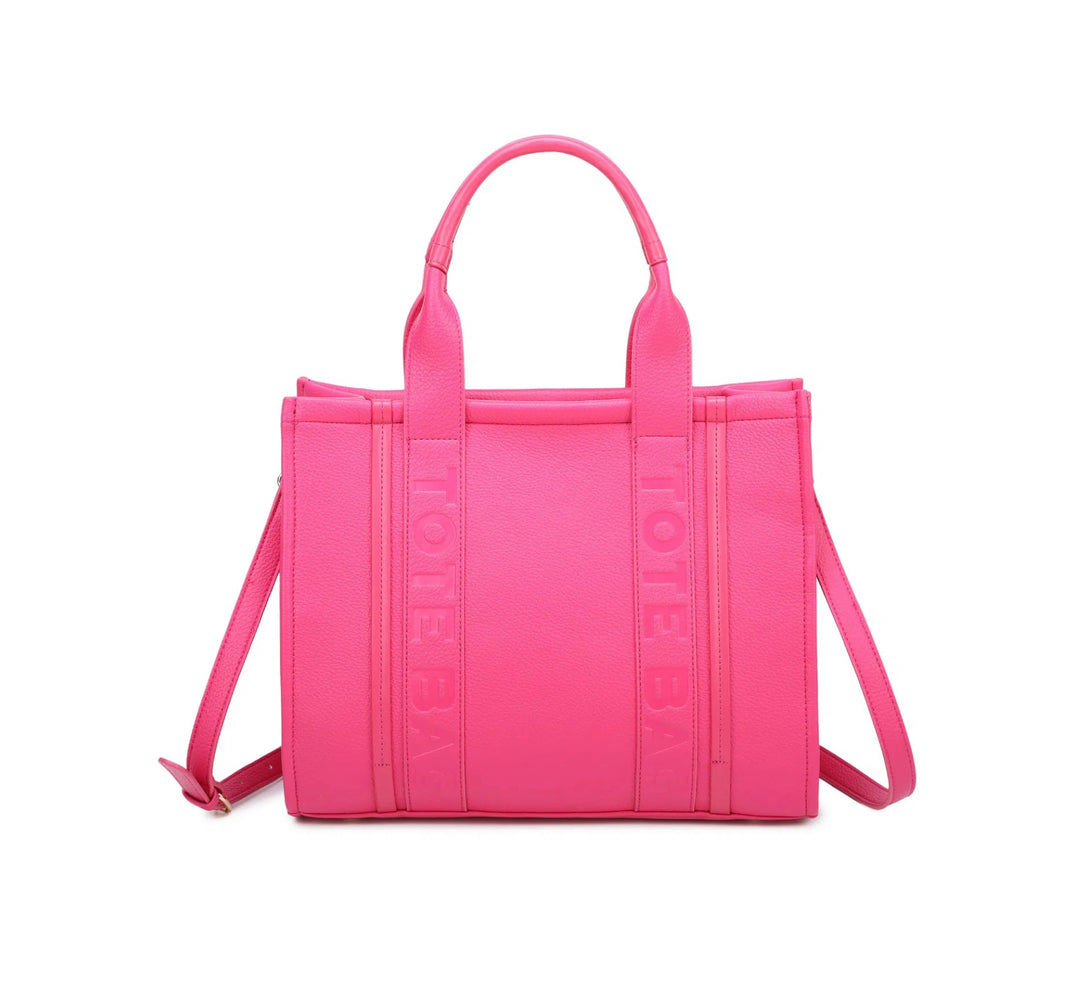 A large stripe print tote bag with double handles and a detachable adjustable long strap in hot pink 