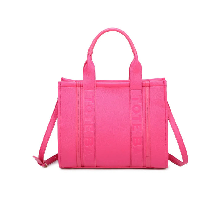A large stripe print tote bag with double handles and a detachable adjustable long strap in hot pink 