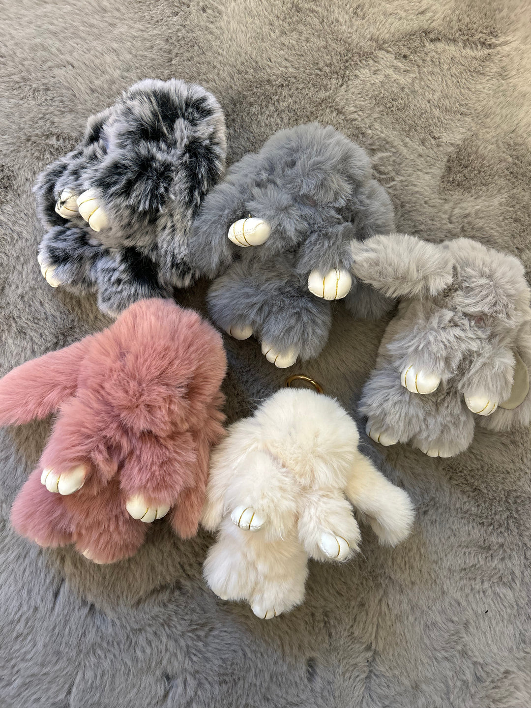 choice of colourful bunny key rings, choose from, charcoal, grey, light grey, blush pink & white