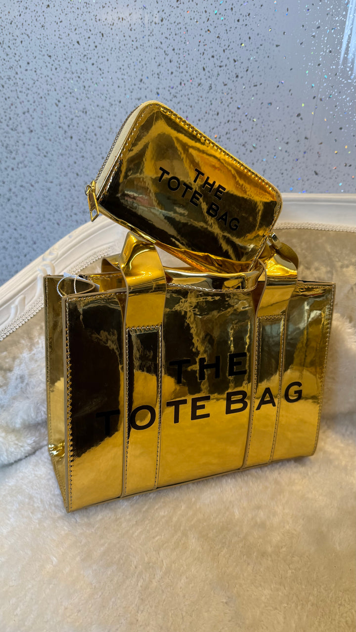 Metallic patent small tote bag and purse set