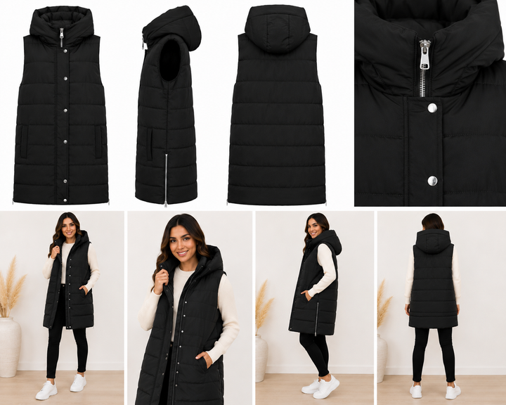 Long black padded gilet with hood, quilted design and front zip fastening, sleeveless puffer bodywarmer with pockets
