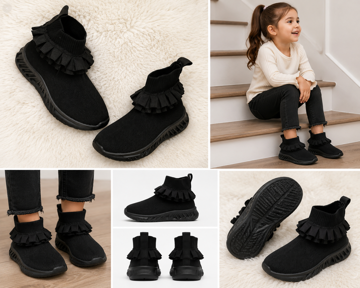 Black kids’ sock-style trainers with layered ruffle ankle detail and chunky black sole