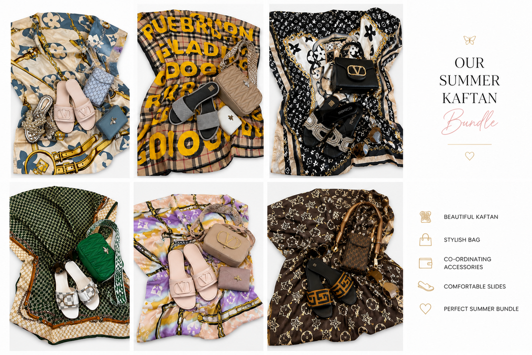 Luxury summer kaftan bundle collection featuring six coordinated outfits with matching handbags, sandals, purses and accessories in stylish prints.