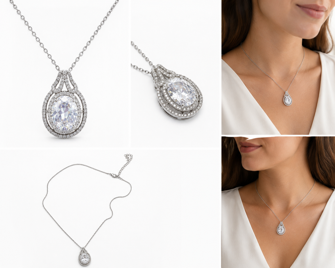 Silver teardrop crystal pendant necklace with halo detailing and adjustable chain 