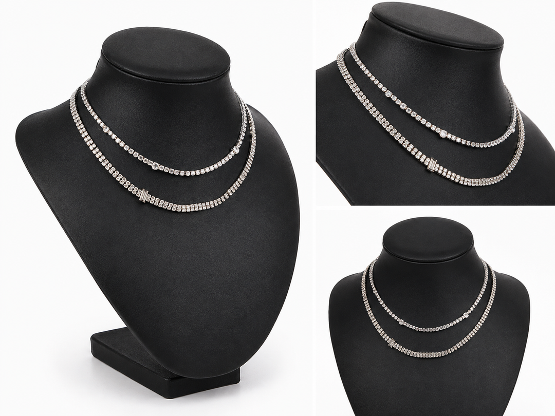 Wide silver tone crystal tennis necklace with clear sparkling stones