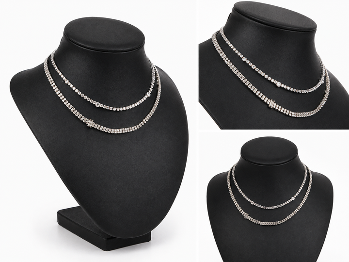 Wide silver tone crystal tennis necklace with clear sparkling stones