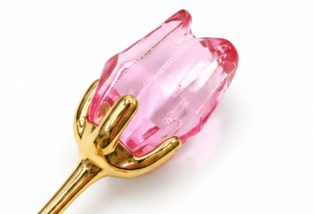 Pink crystal rose keepsake with gold-tone stem and leaves presented in satin-lined gift box