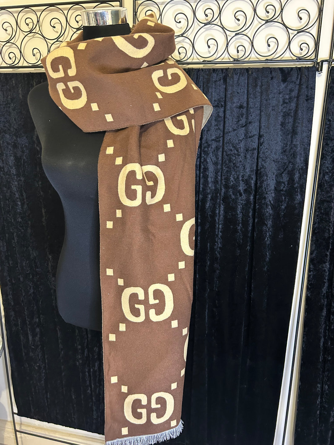 bold inspired letter print design scarf in brown and beige