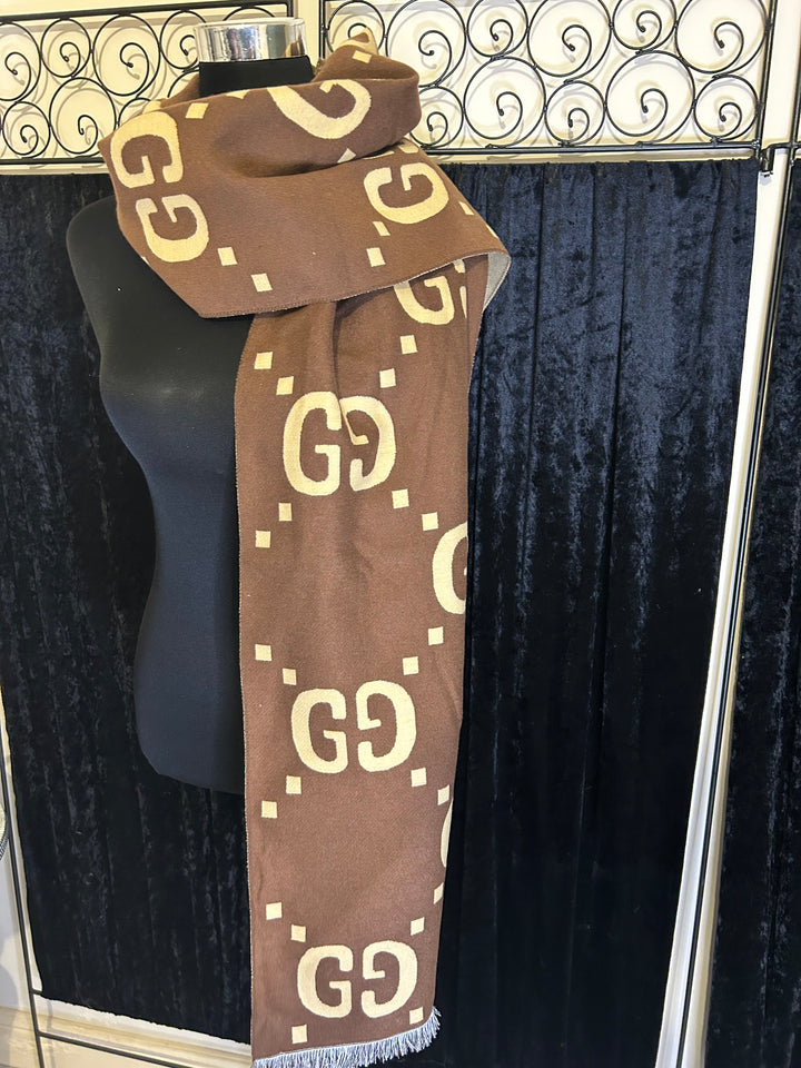 bold inspired letter print design scarf in brown and beige