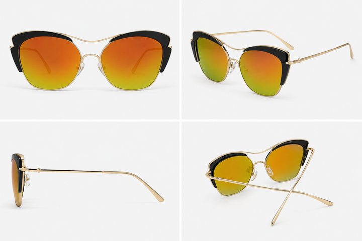 Black and gold cat-eye sunglasses with mirrored orange and green tinted lenses and slim gold arms 