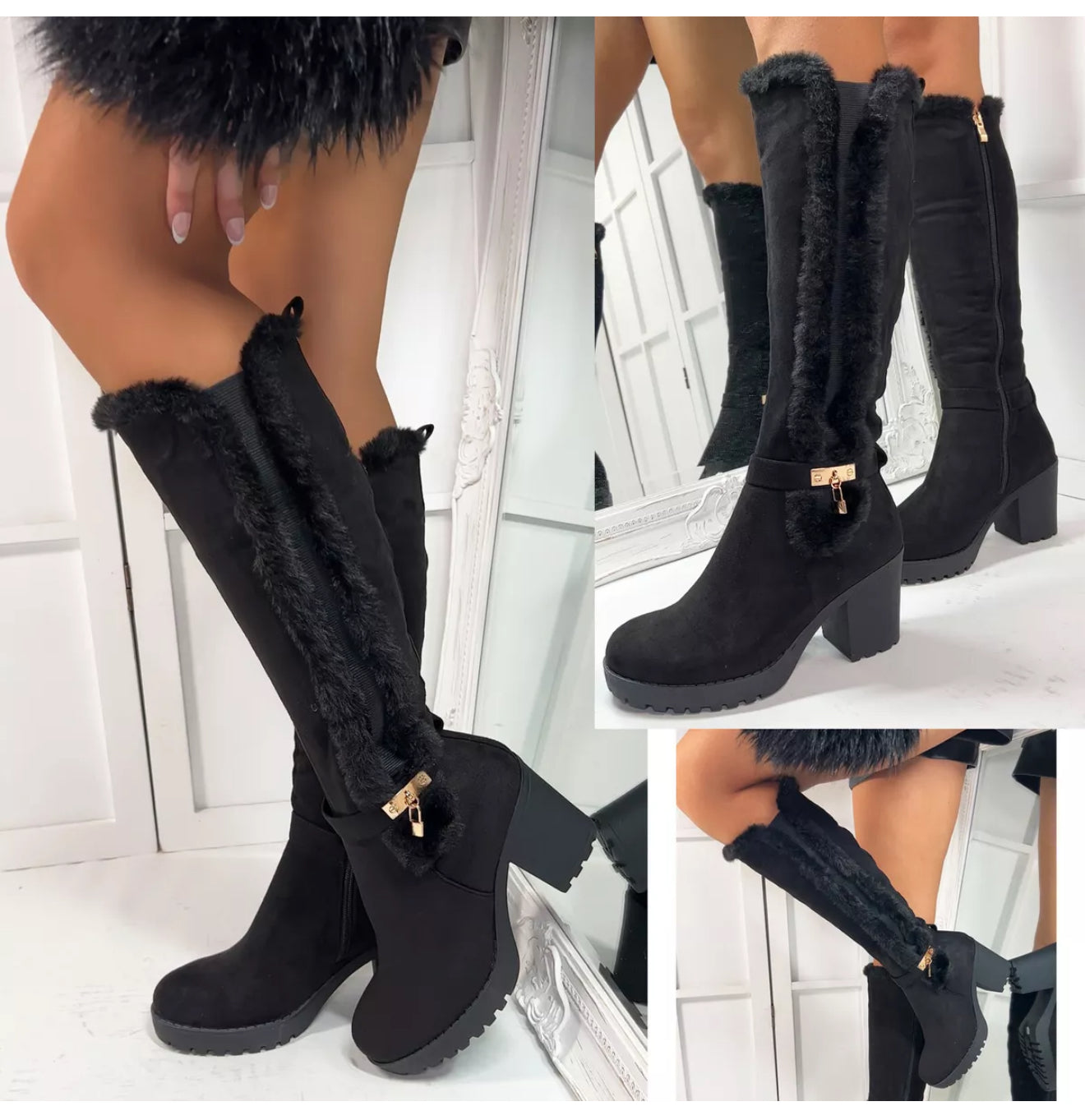 Black knee-high boots with a block heel and soft faux-fur lining 