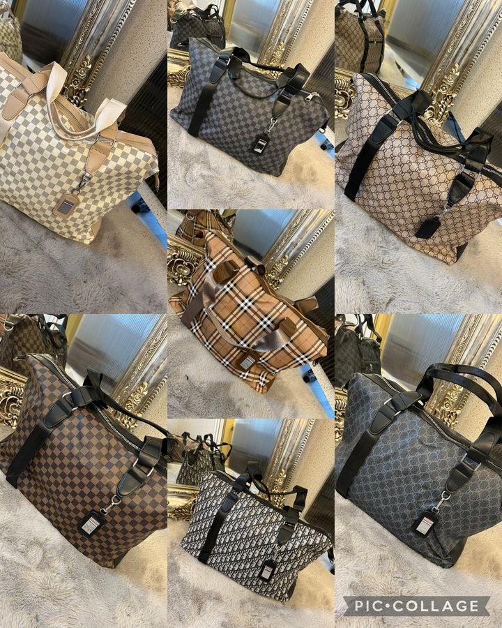 Collection of large holdall luggage bags in assorted prints including checkered, plaid, and monogram designs, each with sturdy straps and zip closure
