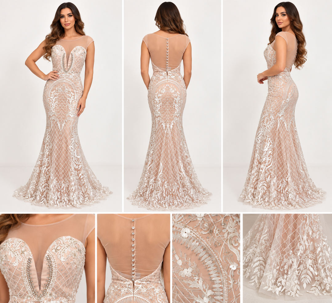 Ivory lace mermaid evening dress size 6 with nude illusion mesh, sheer cap sleeves and embellished detailing