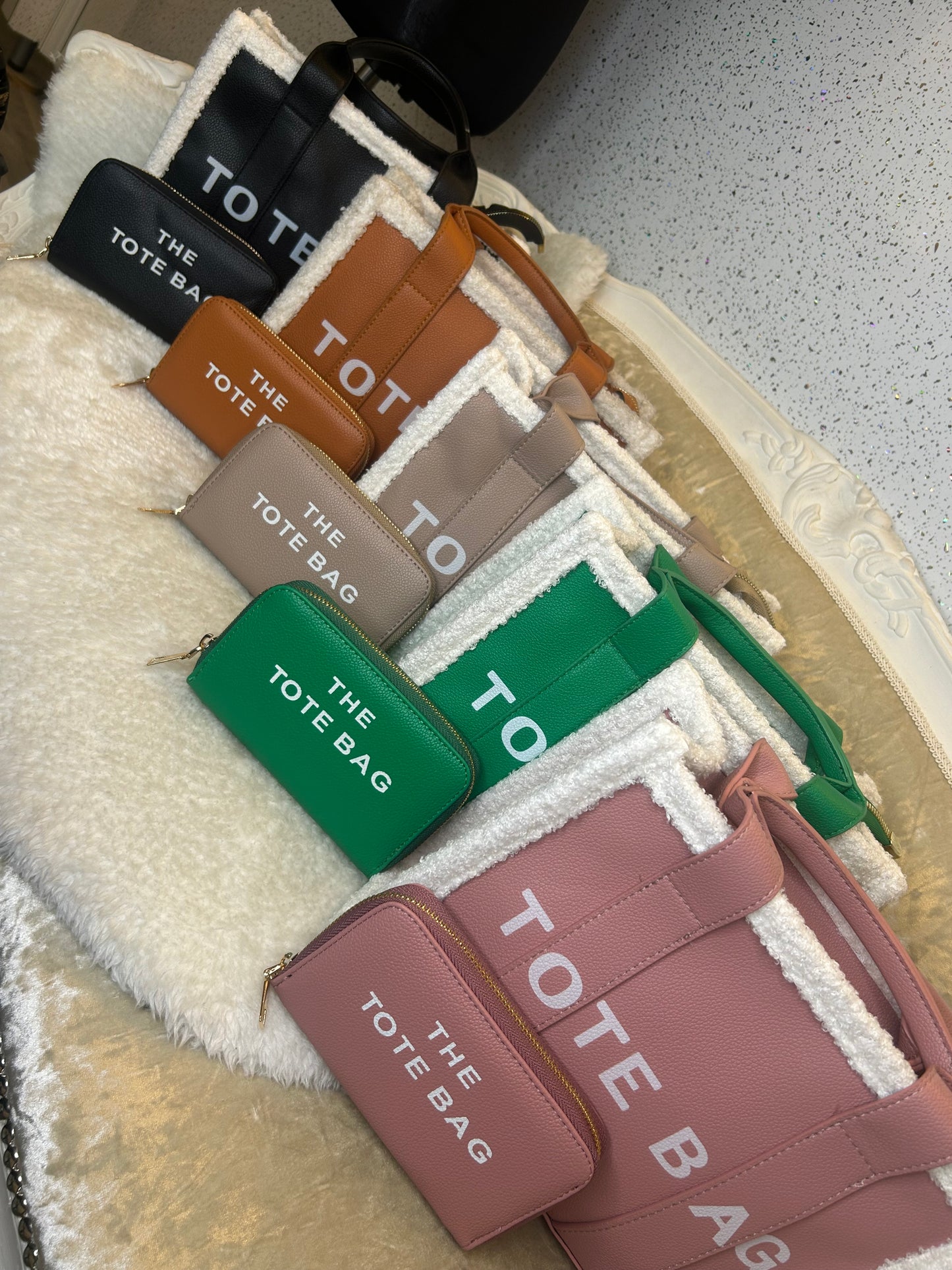 Small fussy edge tote bags with matching purses — fuzzy trim handbags