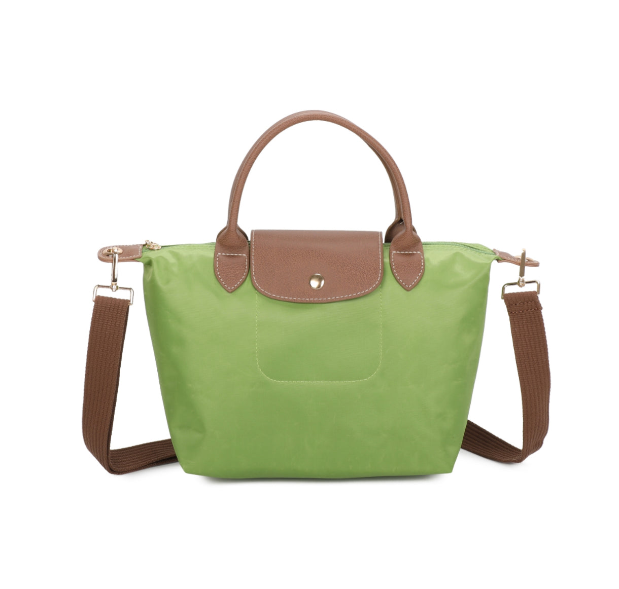 Green handbag with brown handles and strap