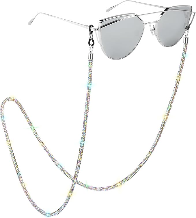 Silver rhinestone sunglasses chain attached to aviator sunglasses