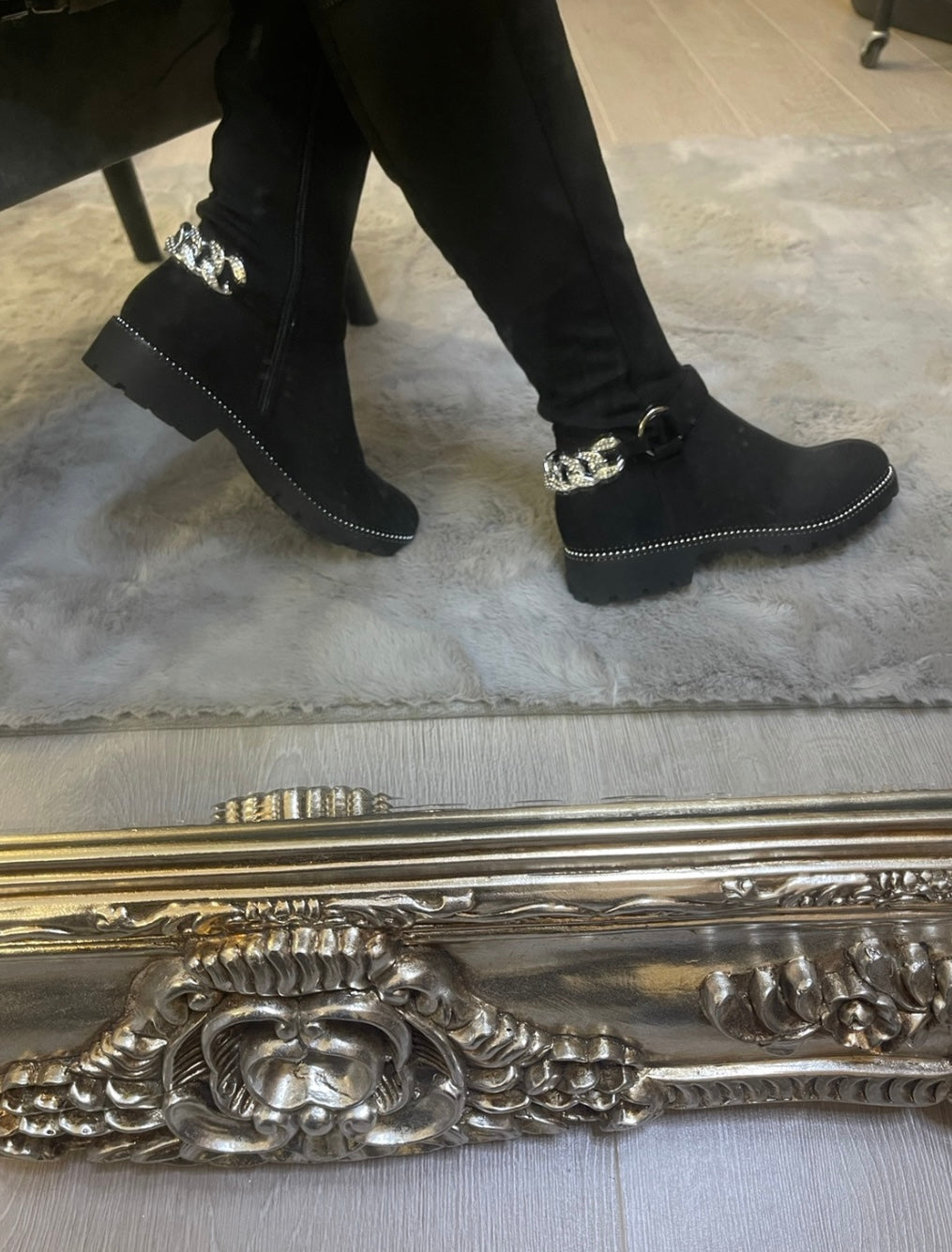 Crystal chain ankle detail knee high boots