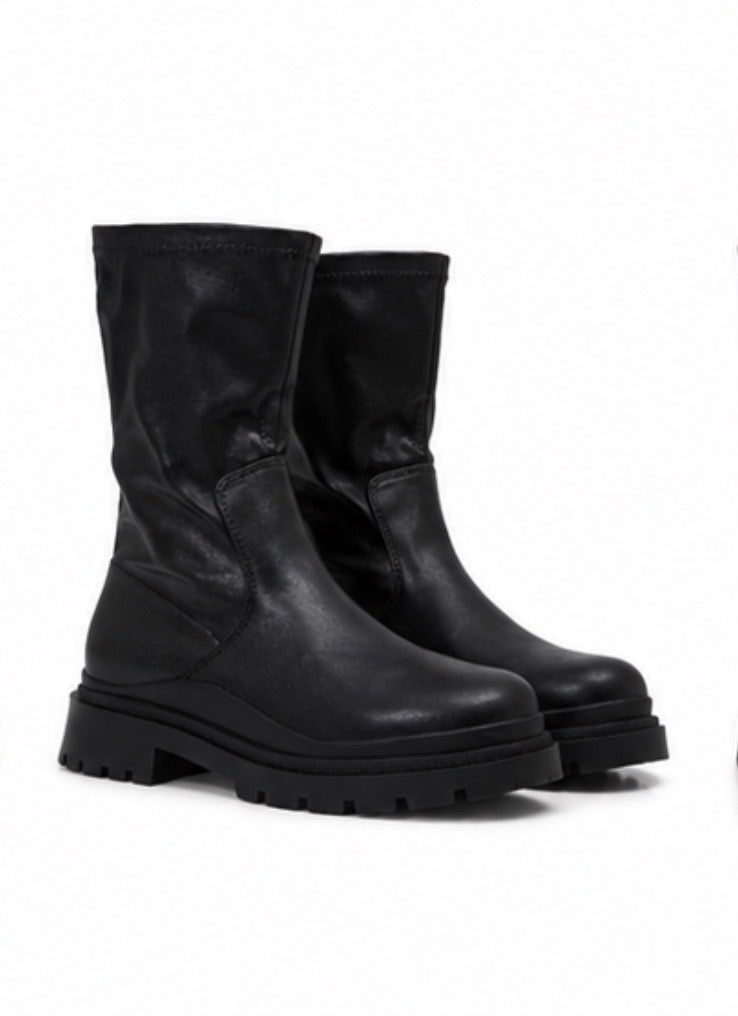 Black faux leather chunky sole slip on mid-calf boots 