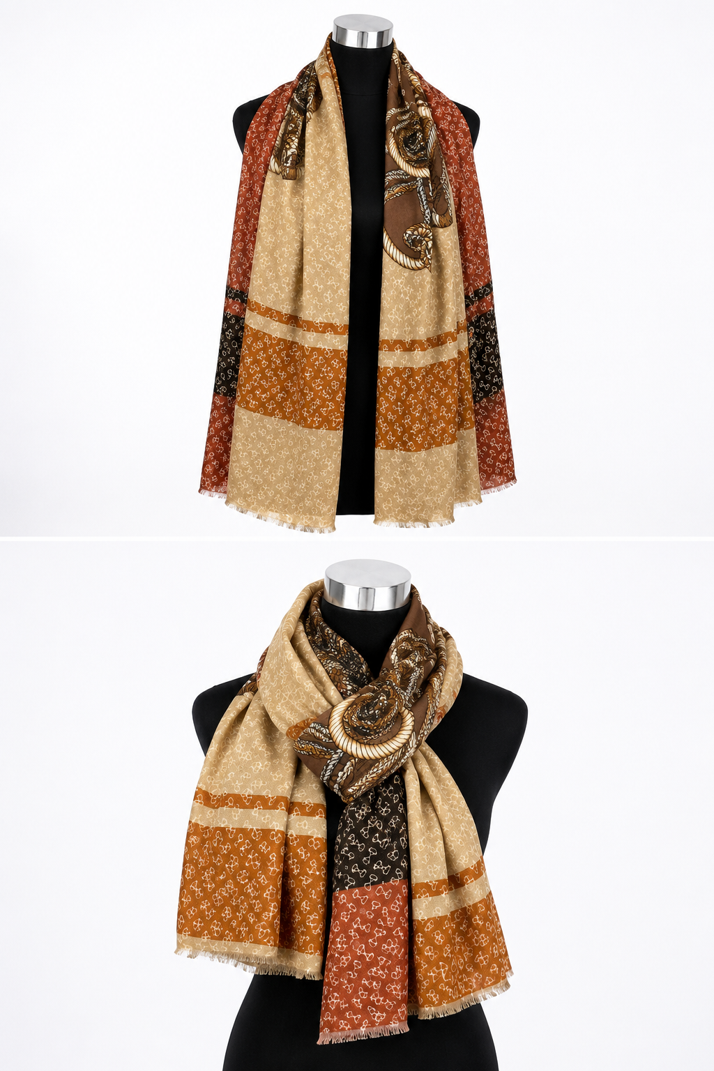 Beige rust and brown heritage print ladies scarf wrapped