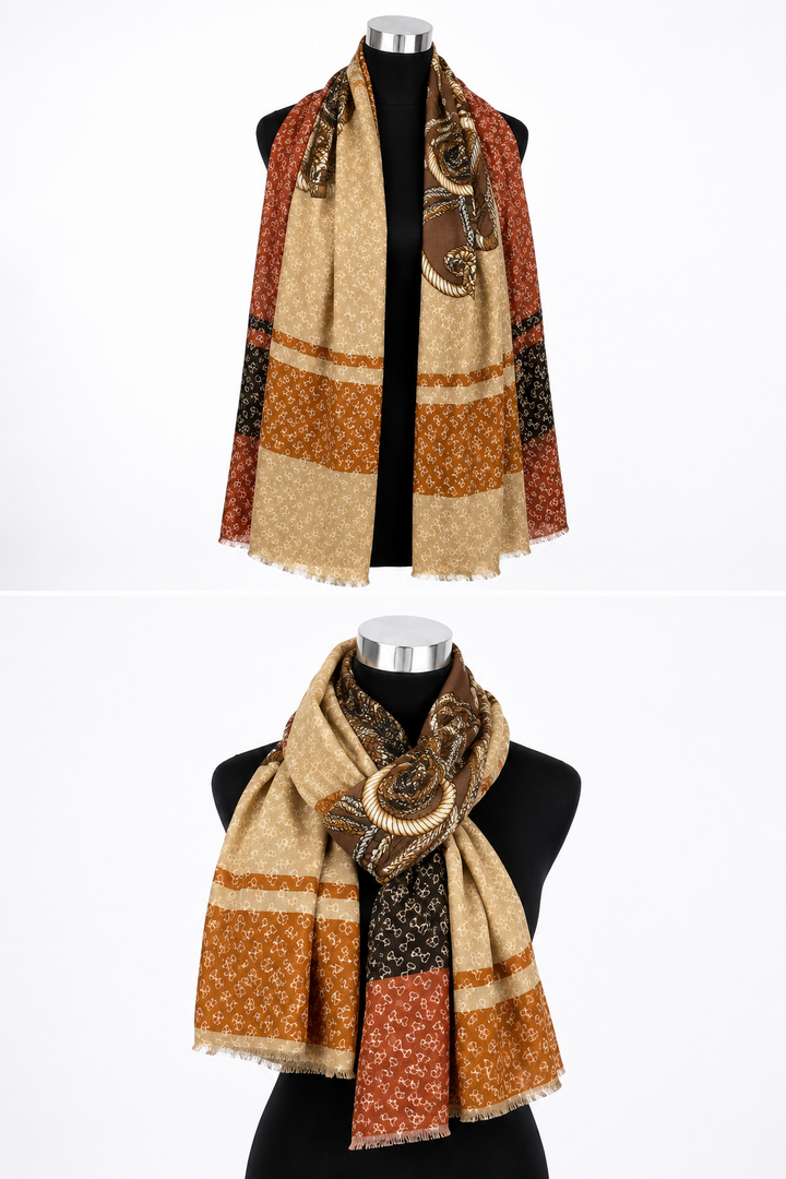 Beige rust and brown heritage print ladies scarf wrapped