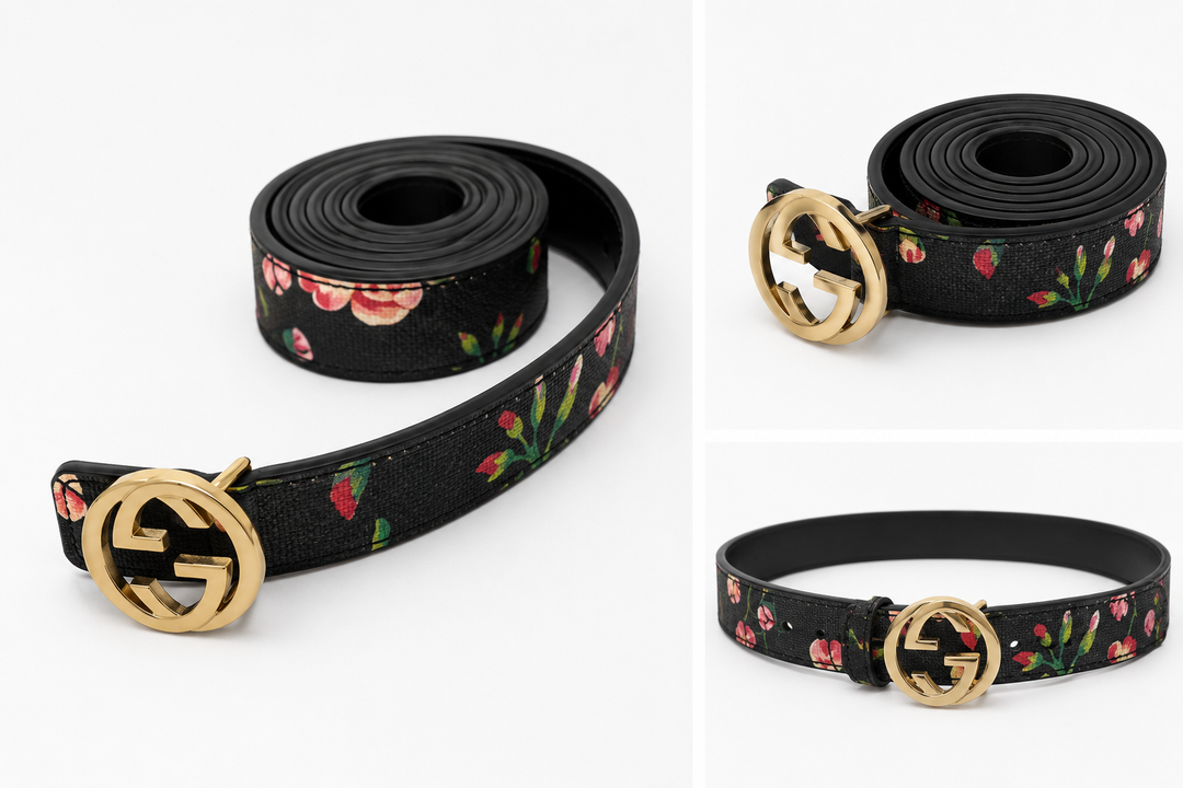 Floral black belt with gold buckle